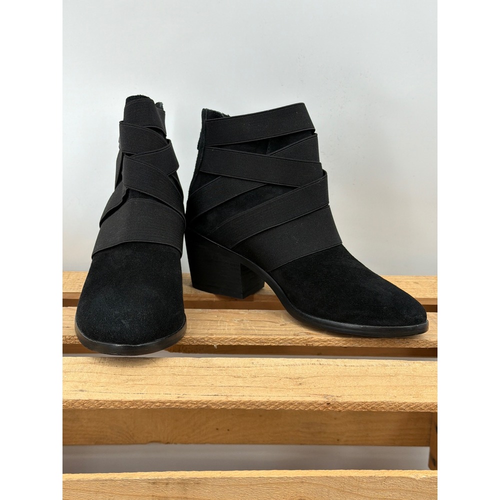 Eileen Fisher Black Suede Elastic Strappy Ankle Booties Block Heel Size 7